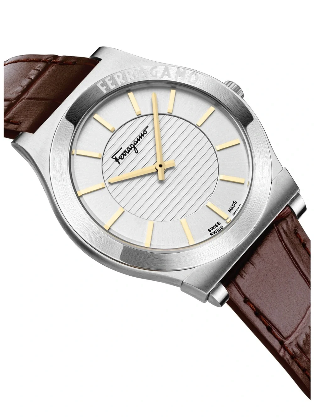 Brand New Salvatore Ferragamo Silver Dial Watch with Brown Leather Strap